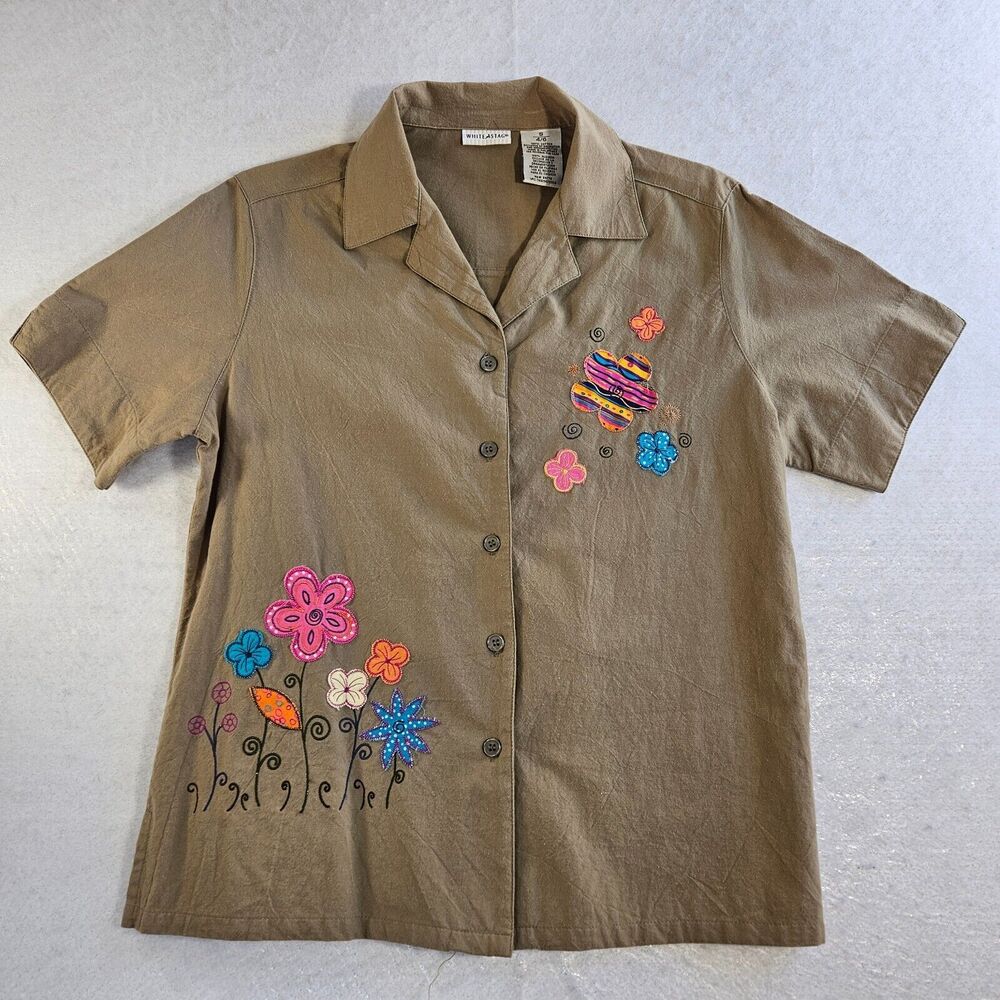 White Stag Button Up Top Small 4/6 Beige Cotton Embroidery Flowers Vacation New